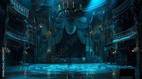 An illustration of a dark and mysterious ballroom with a blue glow.