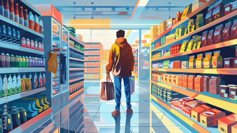 Back view of a shopper walking down the supermarket aisle, carrying a bag and selecting goods
