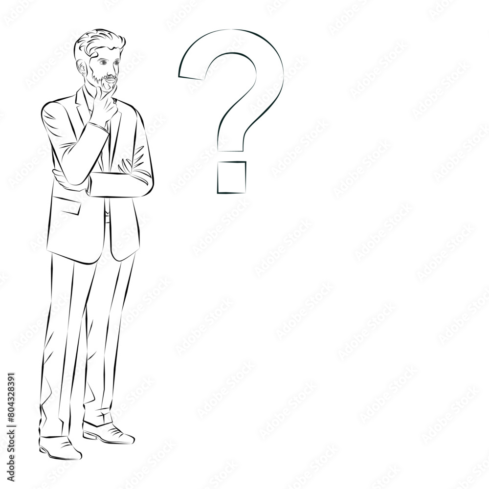 A man thinks about problems and questions during the decision-making process. Business concept. Sketch. Vector illustration. A man thinks about problems and questions during the decision-making process. Business concept. Sketch. Vector illustration.