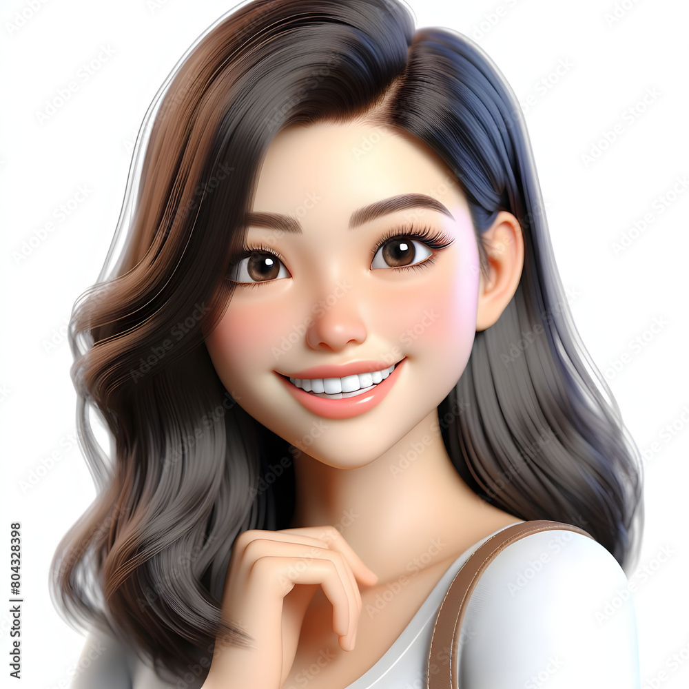 Happy Asian cartoon character girl, young woman portrait, female, happy mood, feeling expression concept, beautiful eyes, 3d style, isolated on a white background Happy Asian cartoon character girl, young woman portrait, female, happy mood, feeling expression concept, beautiful eyes, 3d style, isolated on a white background