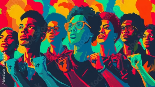 A group of diverse women of color, with raised fists, in front of a colorful background.