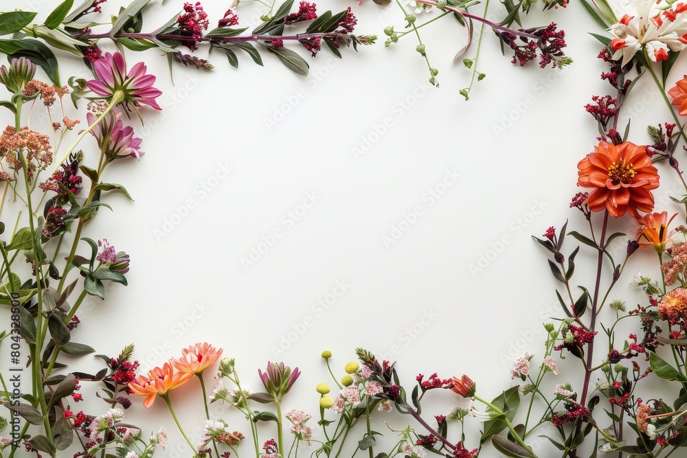 A beautiful frame of various flowers on a white background.
