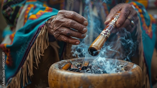 A Native American elder holding a ceremonial pipe. photo