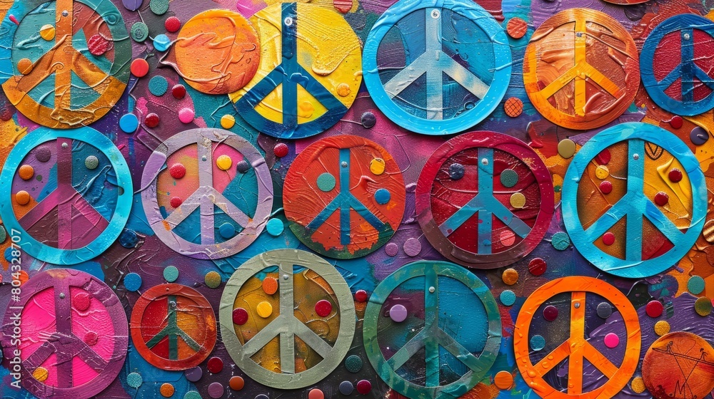 A background filled with peace symbols of various colors and sizes.
