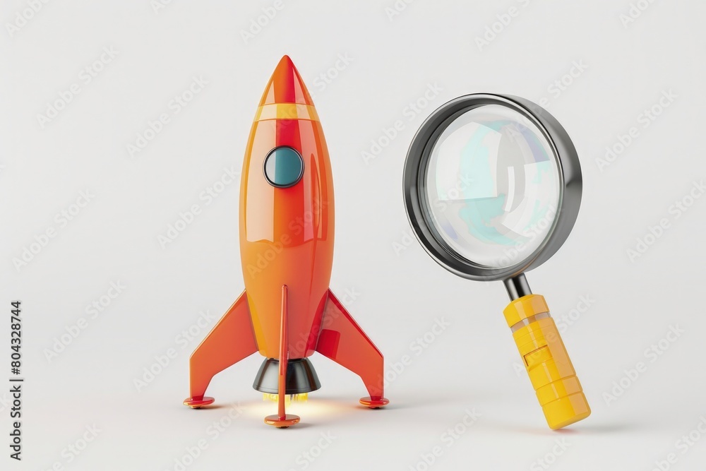 Magnifying glass and rocket, concept of startup, analysis, observation. Magnifying glass and rocket, concept of startup, analysis, observation.