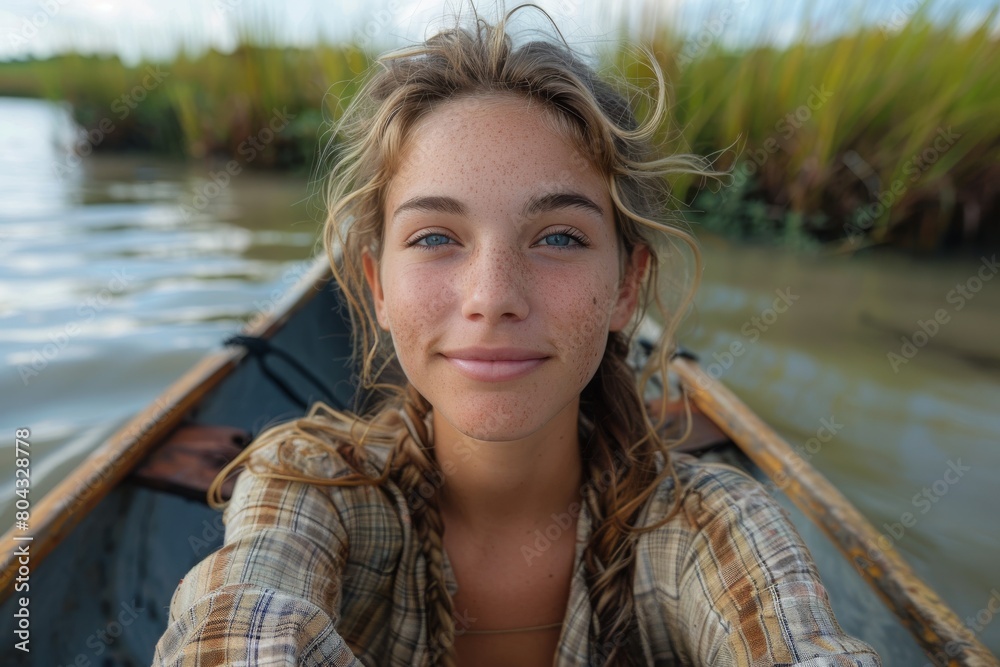 A serene young woman enjoys a canoe trip on a calm river surrounded by lush greenery, exuding a sense of peace and adventure A serene young woman enjoys a canoe trip on a calm river surrounded by lush greenery, exuding a sense of peace and adventure