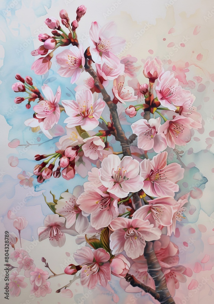 A highly detailed painting of cherry blossoms against a backdrop of pale blue sky. The petals of the flowers are a delicate shade of pink, and the branches are a rich brown. The painting is done in a A highly detailed painting of cherry blossoms against a backdrop of pale blue sky. The petals of the flowers are a delicate shade of pink, and the branches are a rich brown. The painting is done in a