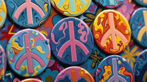 A bunch of colorful peace sign buttons.