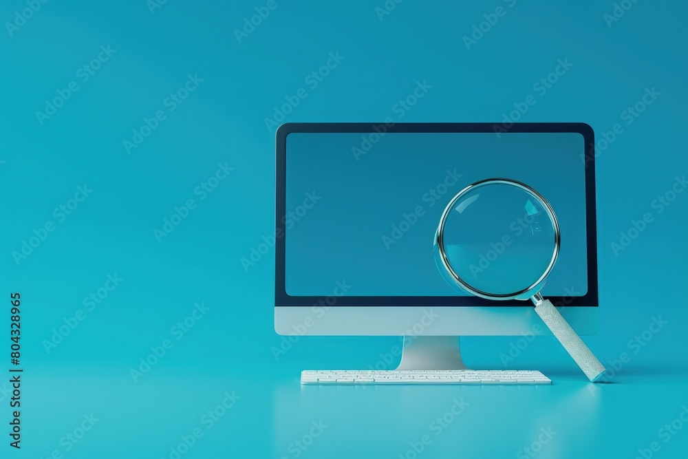 Magnifying glass on computer screen, technology concept, online opportunities, visualization.