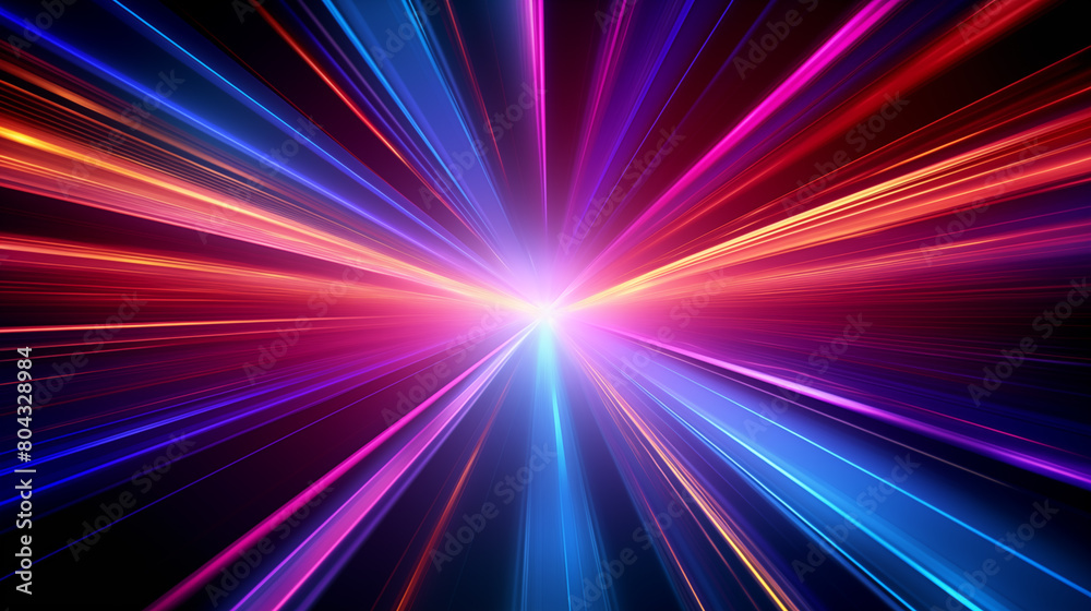 Obraz premium Flash rainbow abstract colorful background design. Multi-colored stripes and lines in perspective and converging into a point. Explosive glowing speed rays effect pattern wallpaper. AI artwork.
