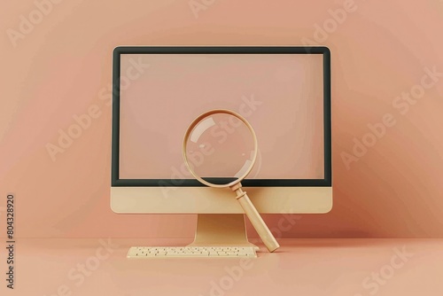 Magnifying glass on computer screen, technology concept, online opportunities, visualization. photo