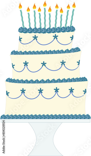 birthday cake blue with flaming candles illustrated cartoon