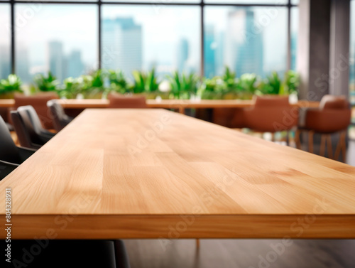 Close-up of a wooden table in a bright modern office with city view, natural light, concept of workplace. Generative AI