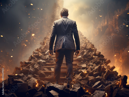 A man in suit ascending a pile of debris with glowing embers, framed by towering ruins in a dramatic scene, embodying challenge and resilience. Generative AI