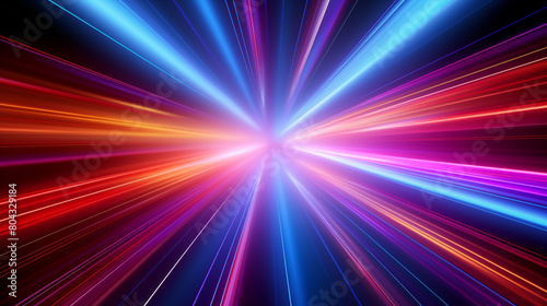 Flash rainbow abstract colorful background design. Multi-colored stripes and lines in perspective and converging into a point. Explosive glowing speed rays effect pattern wallpaper. AI artwork.