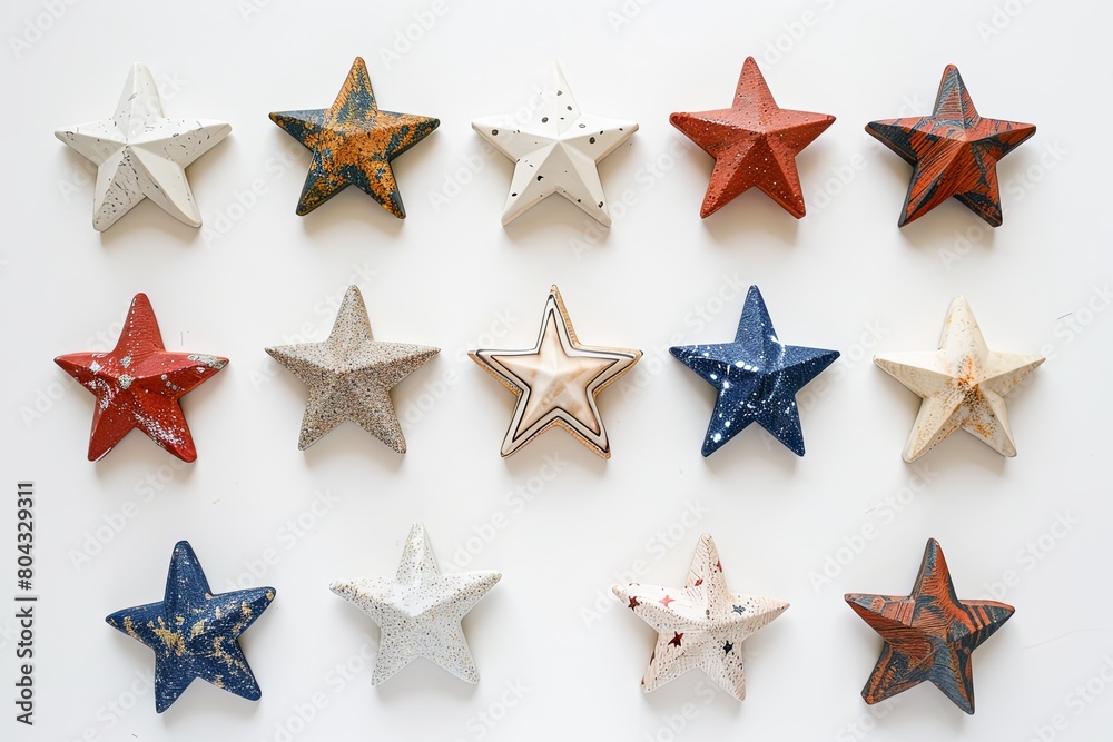 Obraz premium Independence day 4th july abstract minimalist design features 13 bold stars arranged in a circle on a stark white background. Each star is meticulously crafted from a different natural element