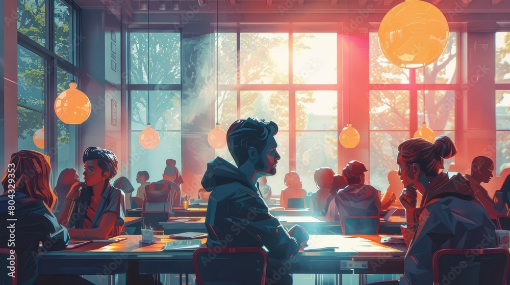 A group of people are sitting in a cafe, talking and laughing. The sun is shining through the windows, and there is a warm and inviting atmosphere. A group of people are sitting in a cafe, talking and laughing. The sun is shining through the windows, and there is a warm and inviting atmosphere.