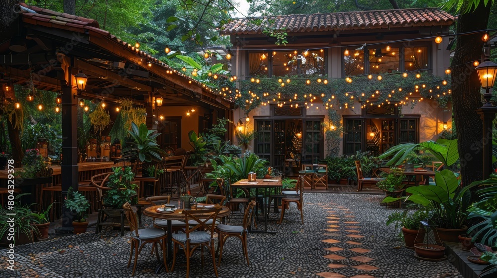 Courtyard of a Spanish restaurant with a beautiful garden