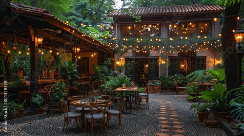 Courtyard of a Spanish restaurant with a beautiful garden