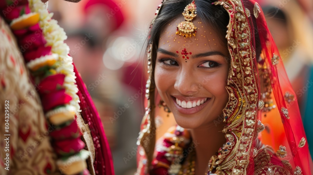 A beautiful Indian bride wearing a red and gold wedding dress smiles shyly.