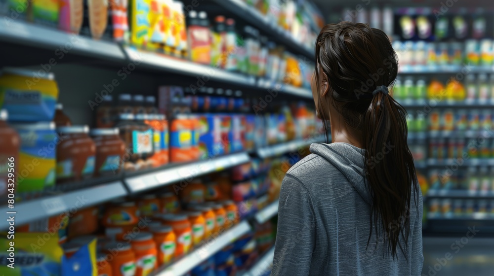 Woman contemplating various products in a supermarket aisle, decision-making in shopping