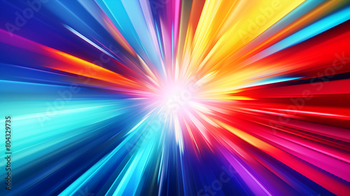 Flash rainbow abstract colorful background design. Multi-colored stripes and lines in perspective and converging into a point. Explosive light speed rays effect. Flash of bright light. Digital art. AI