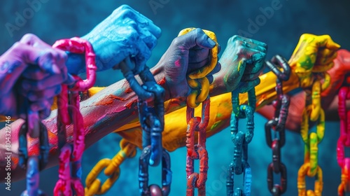 A group of colorful hands holding onto a chain.