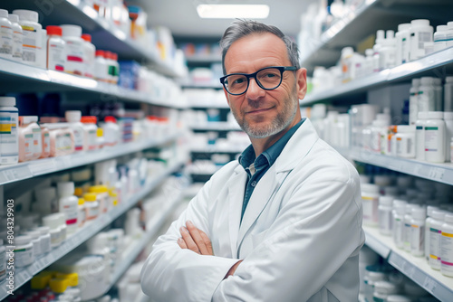Portrait of a mature, smiling pharmacist with glasses, confidently standing in front of stocked pharmacy shelves.