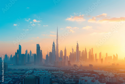 stunning city skyline during the day, A bustling metropolis with a vibrant atmosphere and a stunning skyline, with a beautiful day and a clear blue sky, background 