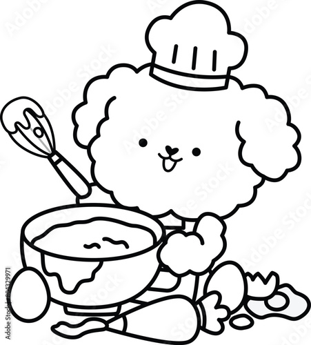 a vector of a cute poodle grinding coffee beans in black and white colouring