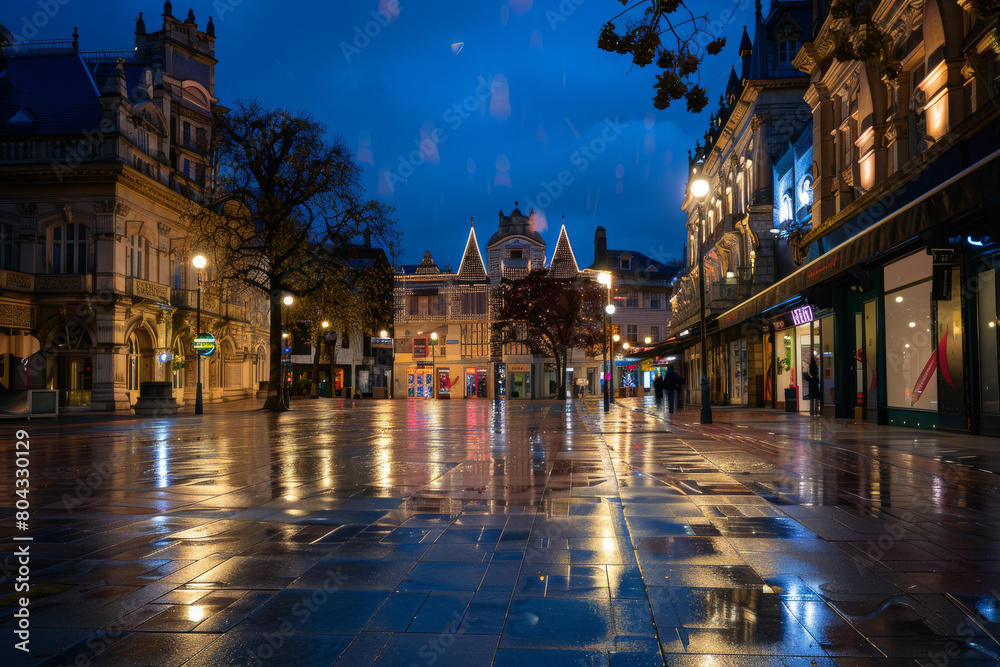 stunning city square at night, vibrant and bustling scene with a city square at night, with a beautiful lighting and a lively atmosphere