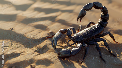 Black scorpion with stinger on the desert
