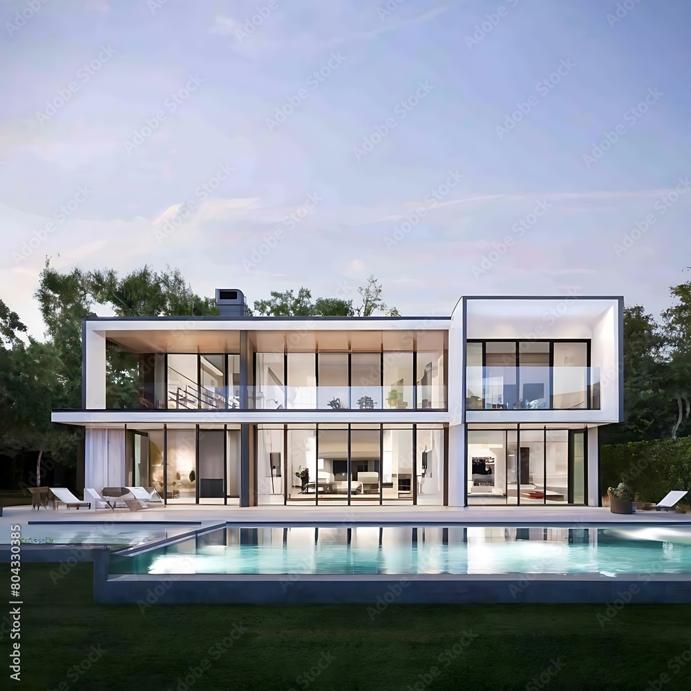 modern and luxury house with pool, glass and concrete modern house, Generative AI