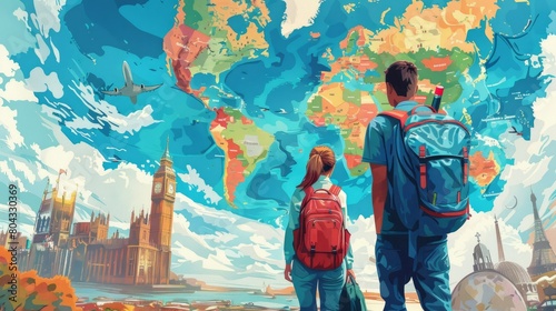 A couple is standing in front of a world map.