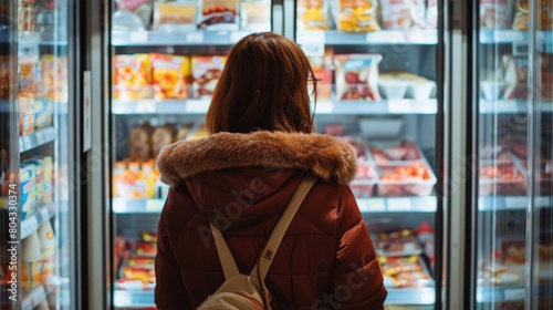 Rear view of a woman in a supermarket exploring the refrigerated section, everyday consumer habits photo