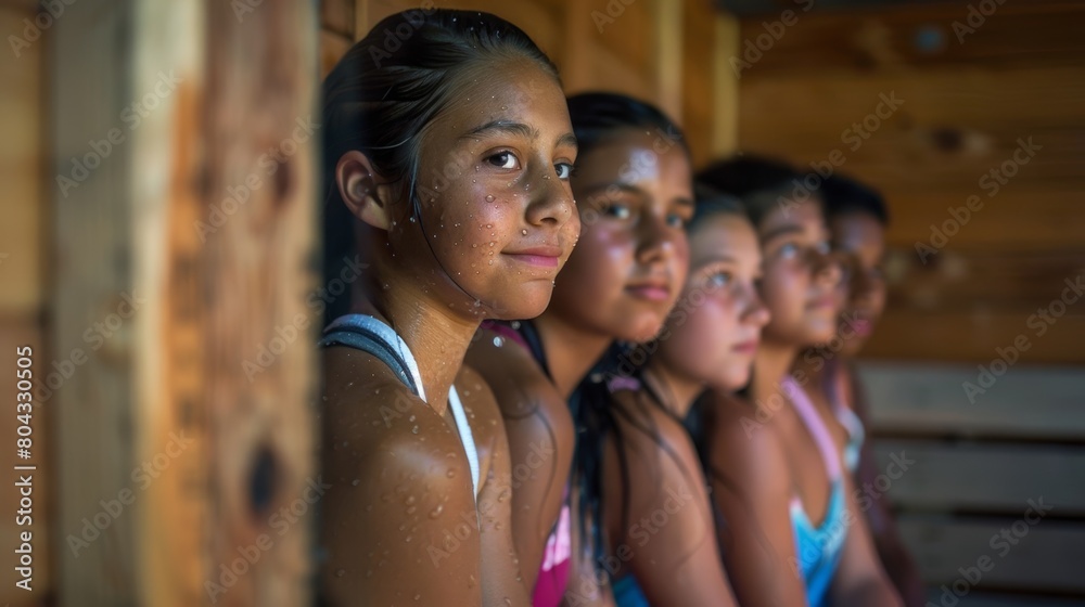 A team of young softball players cooling down in a sauna after a hot summer tournament..