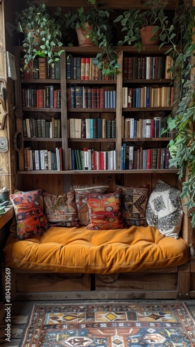 A cozy reading nook with a vintage rug, velvet cushions, and lots of books. photo