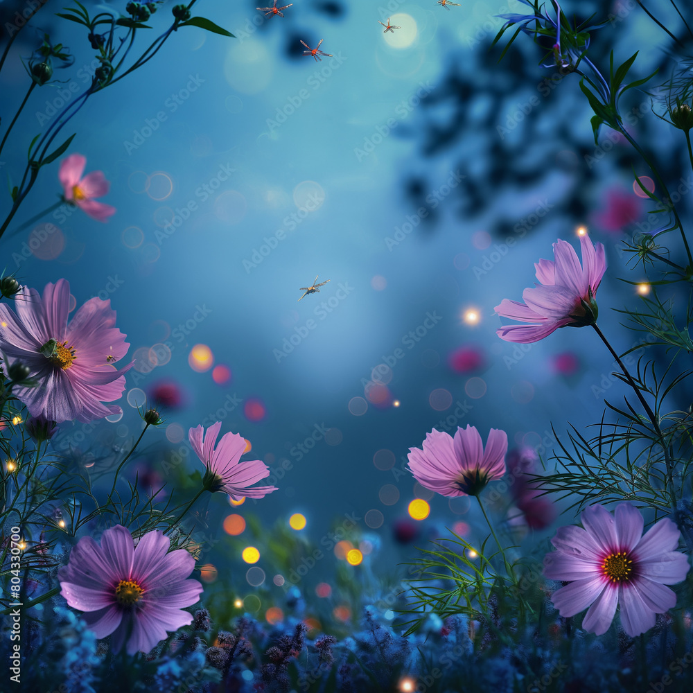 Blossom pink cosmos flowers in garden at night in summer, summer flower theme, summer time. Blossom pink cosmos flowers in garden at night in summer, summer flower theme, summer time.