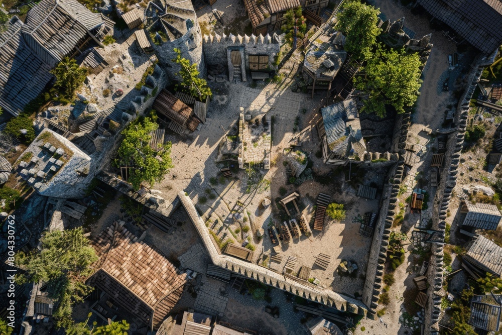 Top view of a medieval era village with picket wall, concept of fantasy, history.