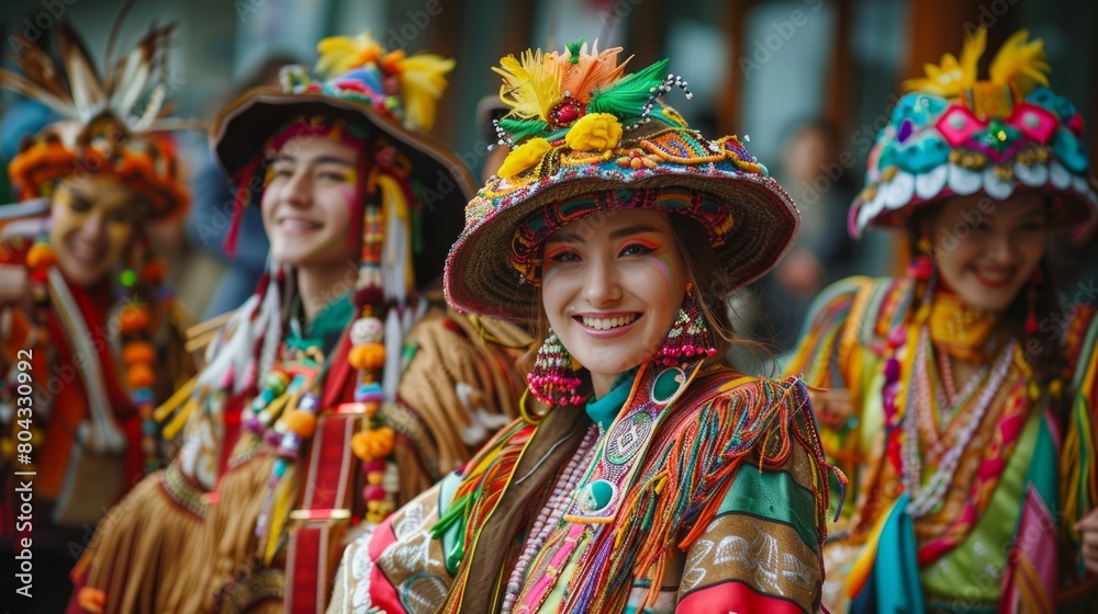 A young woman wearing a traditional Bolivian costume smiles for the camera.