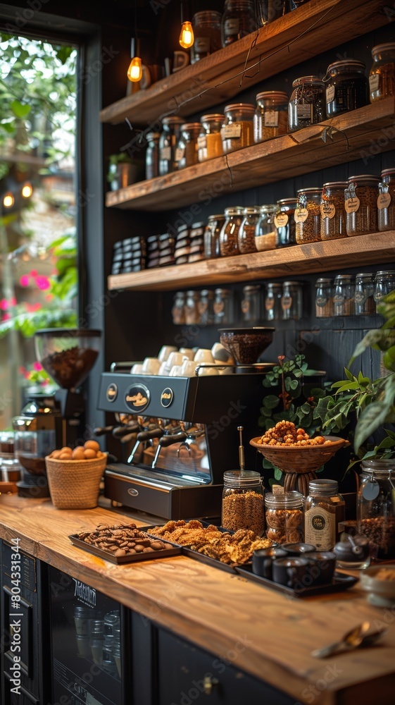 A beautiful coffee shop with a rustic, modern interior. There are wooden shelves stocked with jars of coffee beans and other ingredients, as well as a large espresso machine. The counter is topped wit