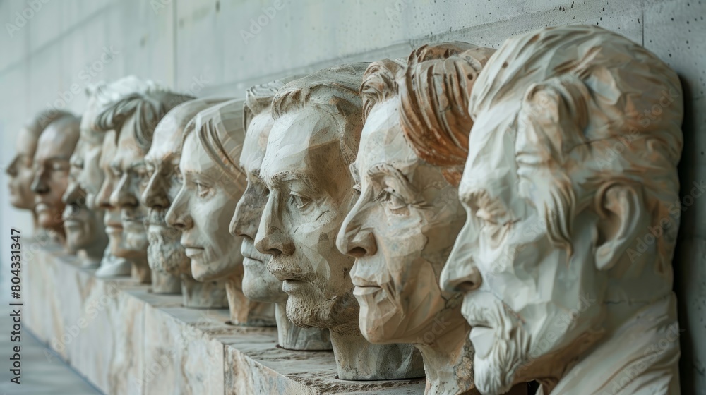 A row of wooden sculptures of famous people A row of wooden sculptures of famous people