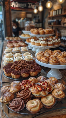 Pastries and cupcakes displayed on bakery shelves