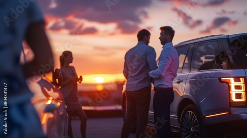 A group of people gathered around a luxurious SUV discussing its topoftheline features. photo