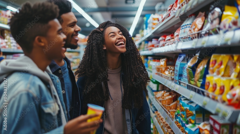 Group of friends laughing and choosing snacks in a grocery aisle. Highlights friendship and the social aspect of shopping