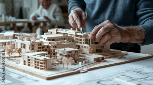An elderly man meticulously works on a detailed architectural model of a housing complex made of wood. photo