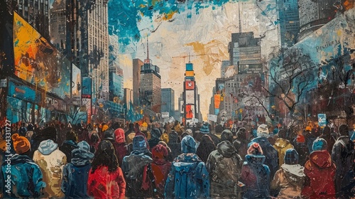 A painting of a large crowd of people in a city street. The painting is full of color and seems to be depicting a busy city scene. The mood of the painting is lively and bustling