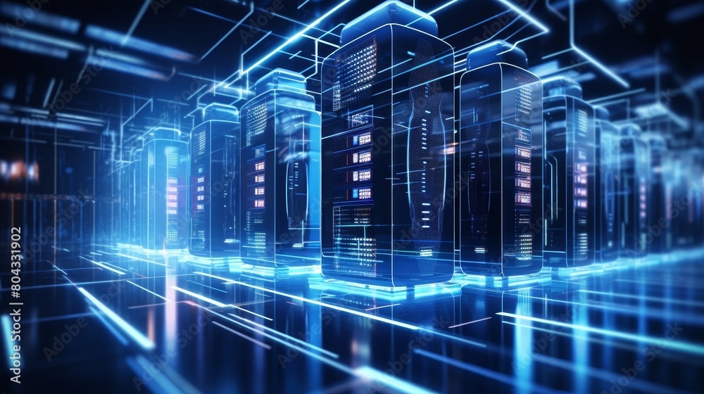 conceptual server room with neon blue emissive. conceptual server room with neon blue emissive.