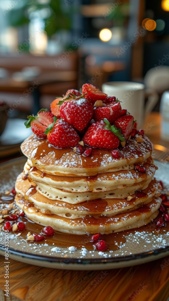 Stack of Pancakes With Strawberries and Powdered Sugar Stack of Pancakes With Strawberries and Powdered Sugar