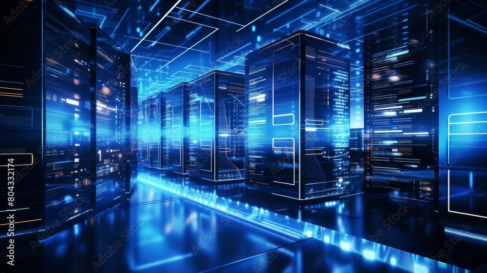 conceptual server room with neon blue emissive. conceptual server room with neon blue emissive.